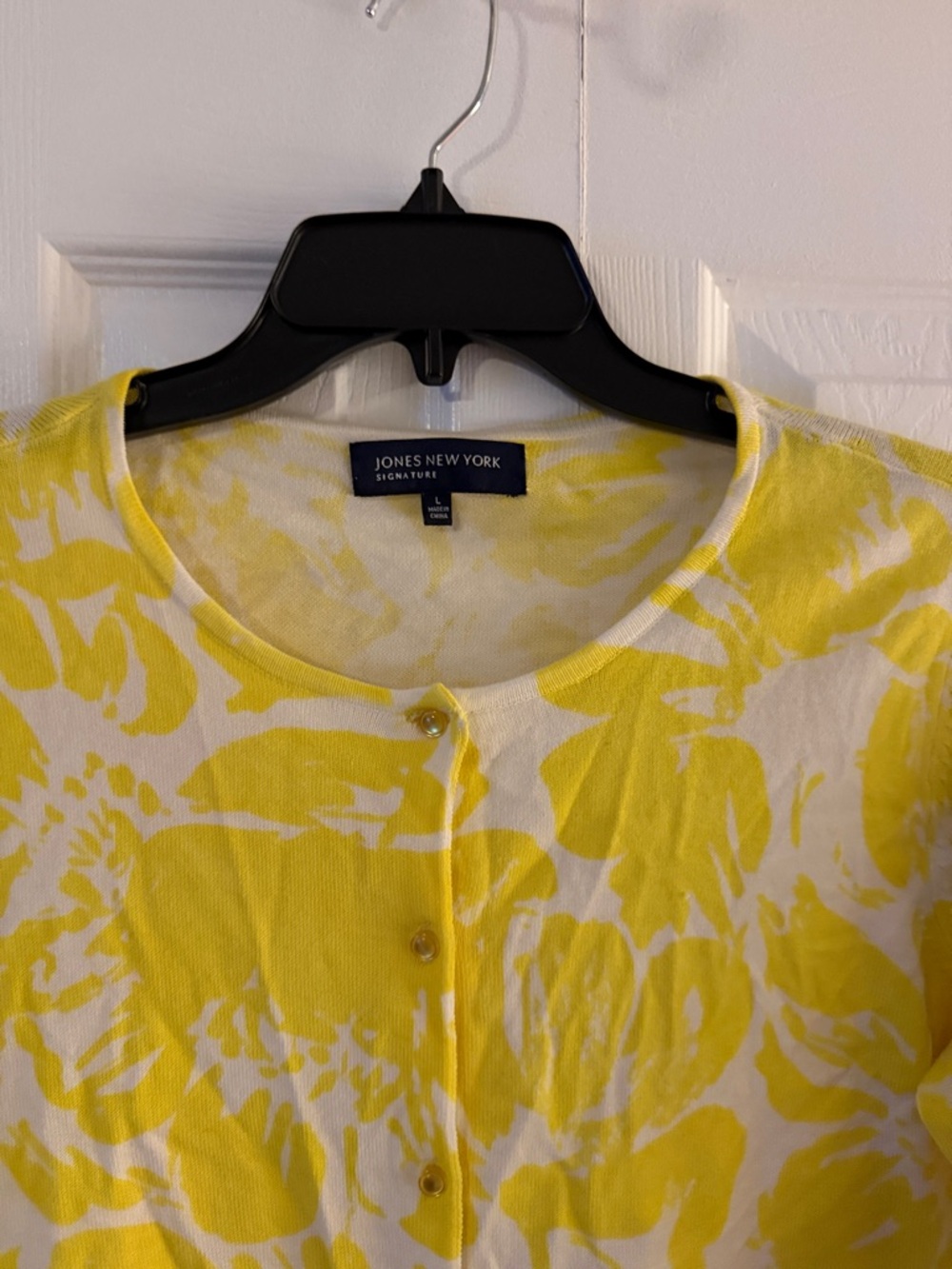 Jones New York Yellow and White Floral Pearl-Button Front Cardigan, L